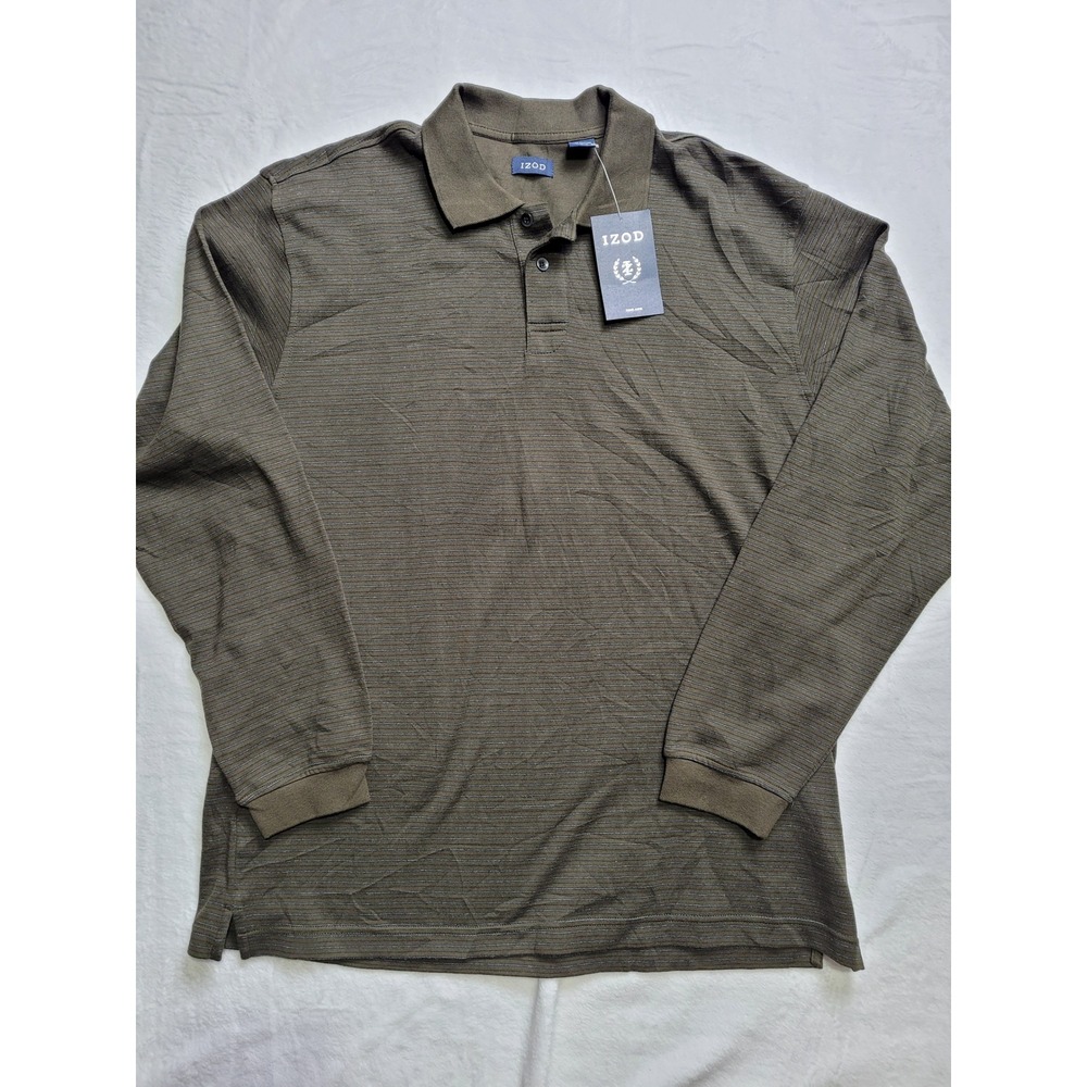 NWT IZOD Polo Shirt Mens Large Olive Green Striped Long Sleeve Cotton